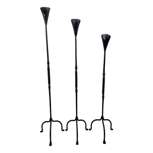 Hand Forged Iron Candelabra Set of 3 (100-120cm) Antique Copper Finish Barley Twist Stem with Calla Lily Cups For Sale