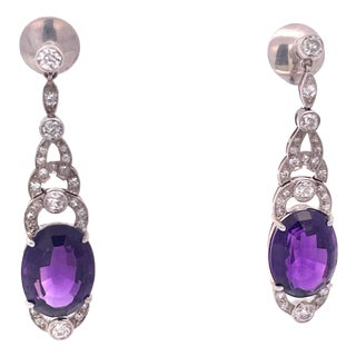 1920s Edwardian 21ct Amethyst Platinum Drop Earrings With Diamond Accents, Pair For Sale