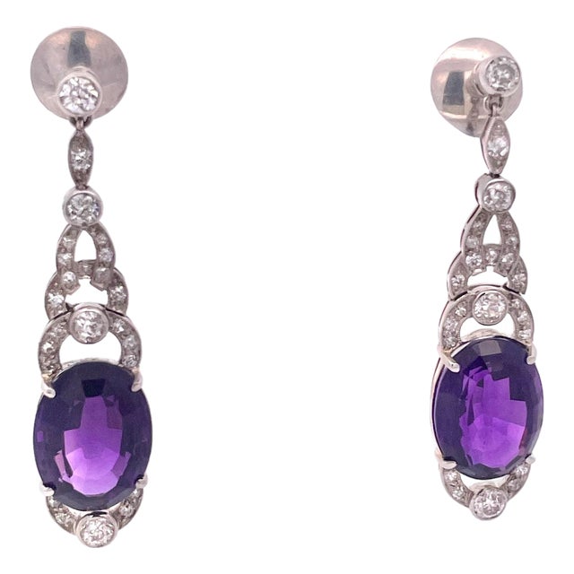 1920s Edwardian 21ct Amethyst Platinum Drop Earrings With Diamond Accents, Pair For Sale