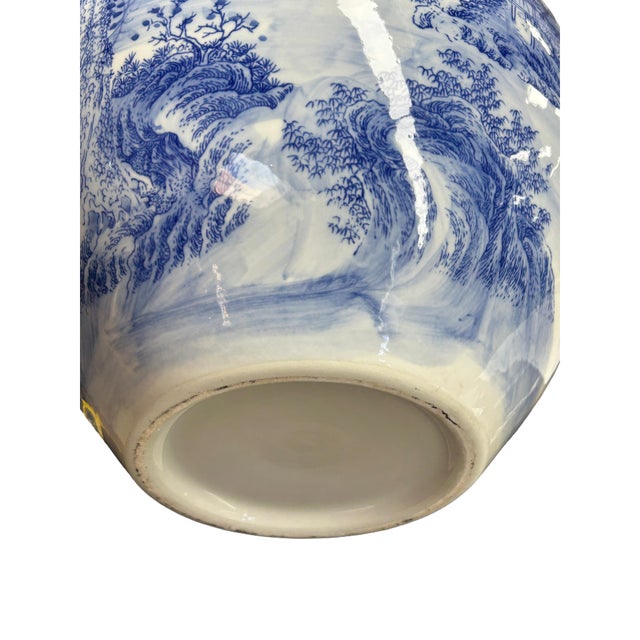 Chinese Blue White Handpaint Mountain Tree Scenery Porcelain Vase For Sale - Image 9 of 10