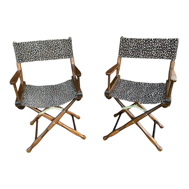 Vintage Walnut Directors Chair Animal Print Textile - A Pair For Sale