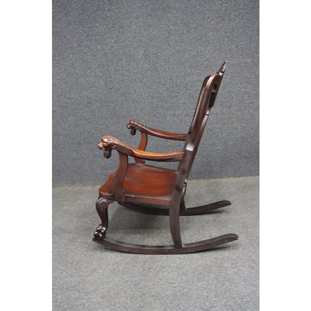 Antique Horner Style Mahogany Carved Lion Arm Rocking Chair For Sale - Image 9 of 11