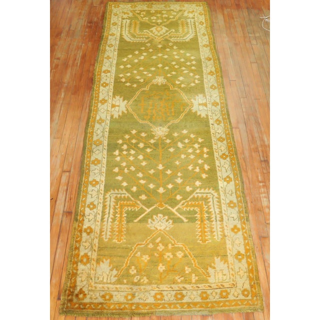 Forest Green Wide Antique Turkish Oushak Runner For Sale In New York - Image 6 of 6