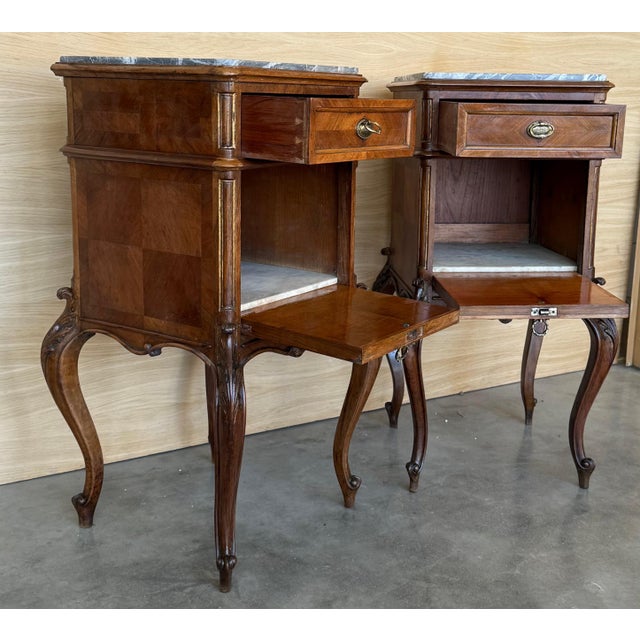 Antique French Mahogany Night Stands or bedside tables with marble top , 1900, A Pair For Sale - Image 13 of 18