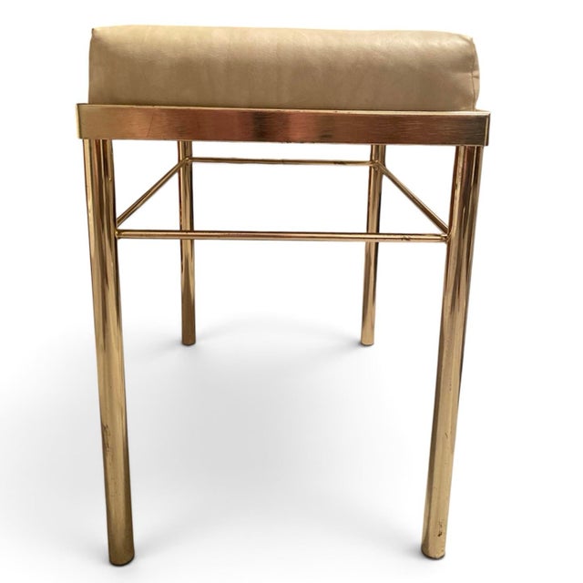 Vintage Koch Originals Brass Vanity Bench Tufted Cream Vinyl Hollywood Regency For Sale - Image 4 of 9