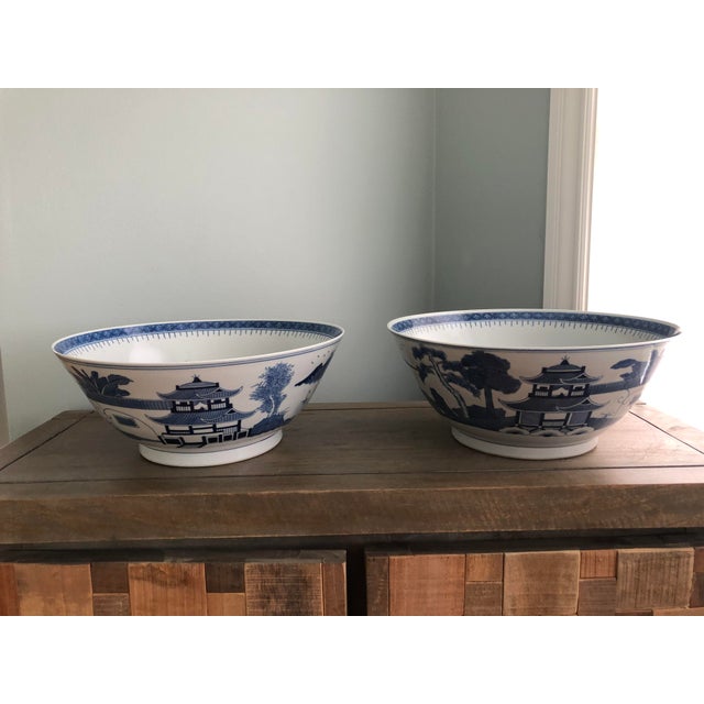 Blue Large Vintage Chinoiserie Blue and White Bowls a Pair For Sale - Image 8 of 12