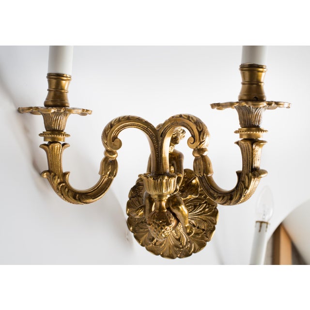 1950s French Brass Cherub Wall Sconce a Pair For Sale - Image 4 of 11