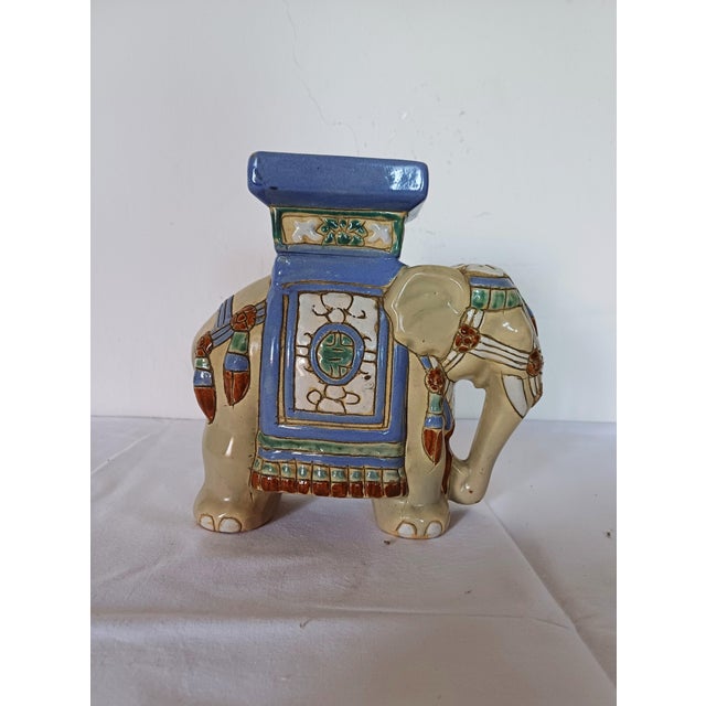 Vintage Elephant Shaped Ceramic Garden Stool or Plant Stand dimensions: Hell blue and ivory\.\. H-22cm, W-22cm, D-10cm...