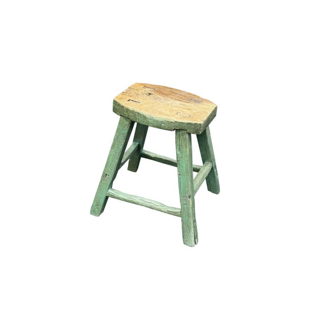 Rustic Bold Distressed Light Sage Green 4 Legs Wood Stool Side Table Stand For Sale - Image 12 of 15