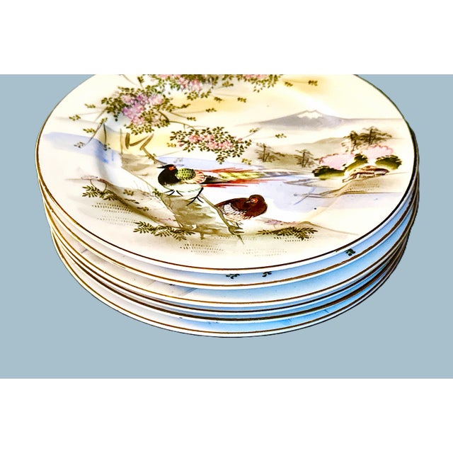 Early 20th Century Antique Kutani Hand-Painted Plates With Pheasants and Mt. Fuji Landscape - Set of 5 For Sale - Image 5 of 9
