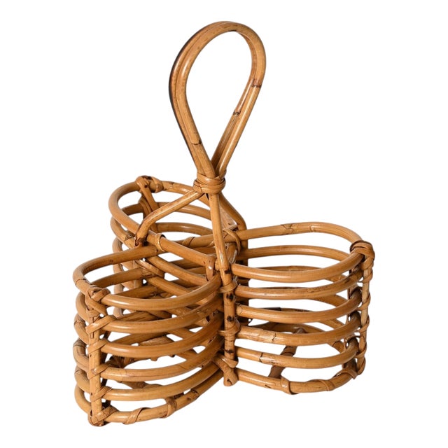 French Riviera Bottle Rack in Curved Bamboo and Wicker, Italy, 1970s For Sale
