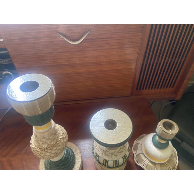 Set of 3 Discontinued Miho Unexpected Things Sculptural Ceramic Candlesticks with Textile Trimmings An extraordinary...