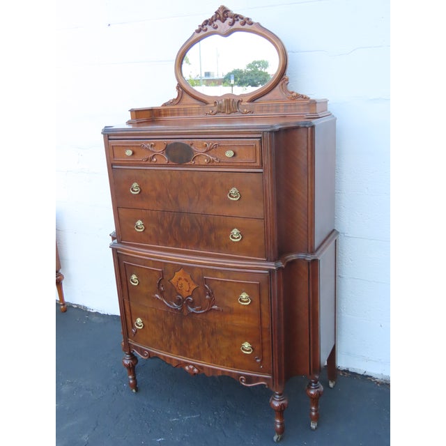 Jacobean Early 1900s Jacobean Carved Inlay Tall Chest of Drawers With Mirror 6610 For Sale - Image 3 of 12