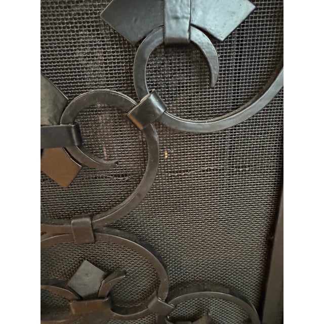Vintage Spanish Revival Iron Three Panel Folding Fireplace Screen With Matching Vintage Wrought Iron 4 Piece Fireplace Tools With Stand For Sale - Image 9 of 12