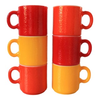 Vintage Hazel Atlas Milk Glass Mugs, 60's Orange Peel Texture S/6 For Sale