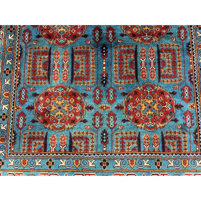 Turquoise Blue and Red Wool Area Rug, Tribal Geometric Medallion Design For Sale - Image 6 of 14