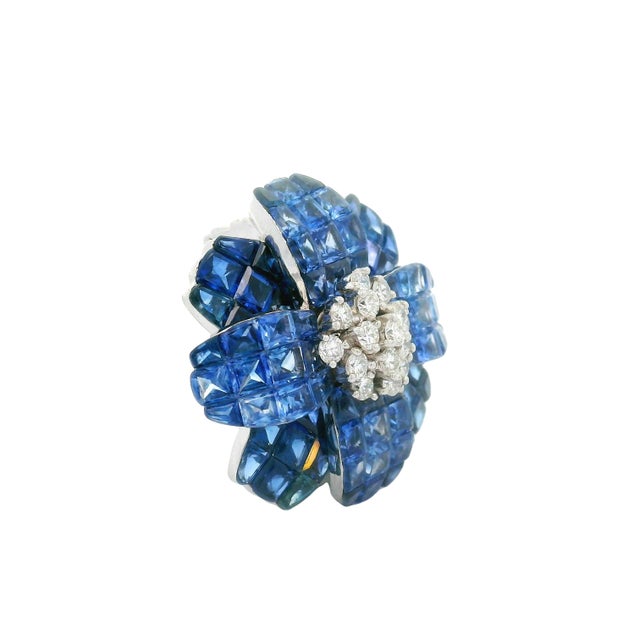 Invisible-Set Blue Sapphire Diamond 18k White Gold Flower Brooch & Pendant For Sale - Image 4 of 6