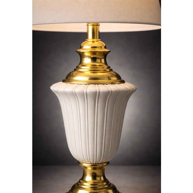 Hollywood Regency Late 20th Century Hollywood Regency White Fluted Ceramic & Brass Urn Table Lamp, 34” For Sale - Image 3 of 8