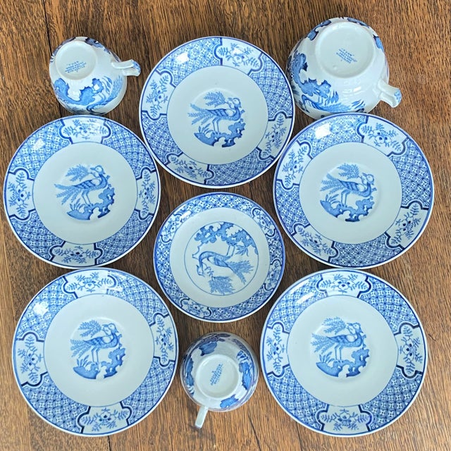 Wood & Son Antique Wood & Sons "Yuan" Pattern Blue and White Transferware Coffee & Tea Set - Mixed Demitasse and Teacup 9 pcs For Sale - Image 4 of 16