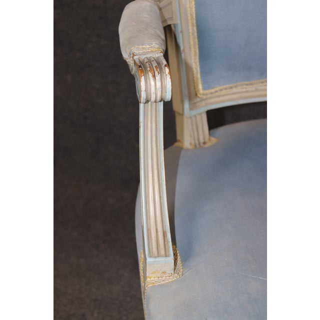 Pair of French Louis XVI Style Creme & Blue Paint Decorated Armchairs C. 1930's For Sale - Image 12 of 15