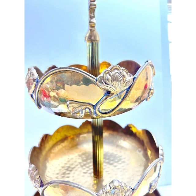 1950s Vintage Art Nouveau Brass 3-Tier Serving Stand | Hollywood Regency Brass Entertaining Tray - Pedestal Dessert Display For Sale - Image 5 of 11