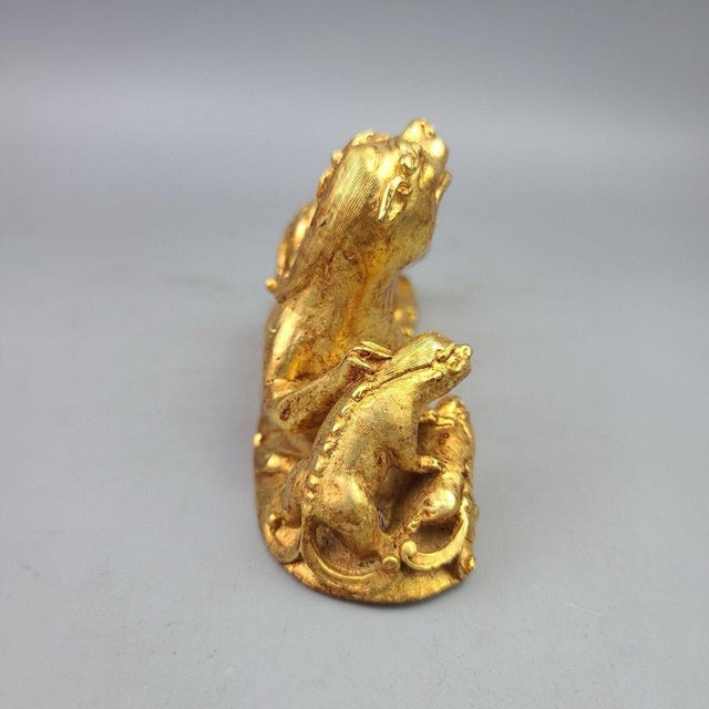 Gilt Bronze Guardian Lion Family Sculpture – 5.5" Foo Dog Group With Cubs For Sale In Los Angeles - Image 6 of 9