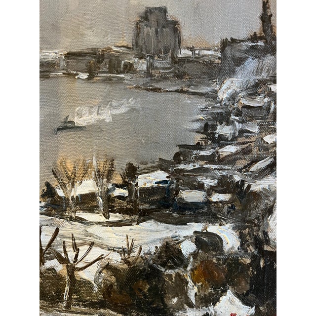 Impressionist 1930's Impressionist Winter Snow Scene Oil Painting on Canvas "Bund of Shanghai Covered With Snow" For Sale - Image 3 of 11