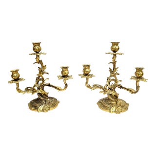 Pair of 20th Century Rococo Style Gilt Dore Three-Light Candelabra For Sale