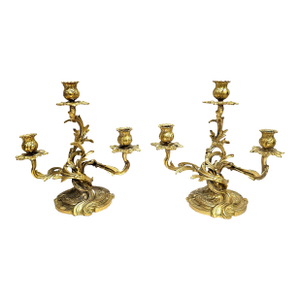 Pair of 20th Century Rococo Style Gilt Dore Three-Light Candelabra