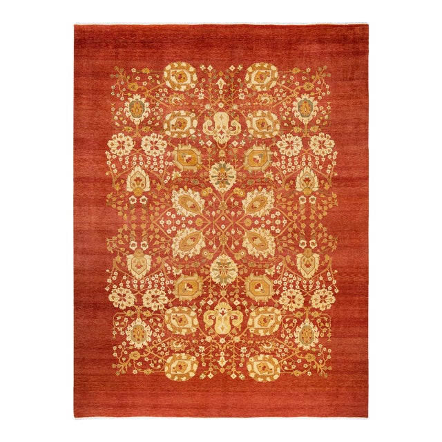 Eclectic, One-of-a-Kind Hand-Knotted Area Rug in Orange, 9' 0" x 12' 1" For Sale