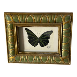 Vintage Originsl Art Butterfly Painting in Golden Frame For Sale