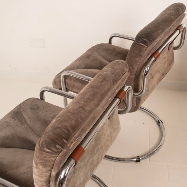 Italian Astro Chrome and Taupe Suede Armchairs by Guido Faleschini for I4 Mariani, 1979, Set of 6 For Sale - Image 12 of 18