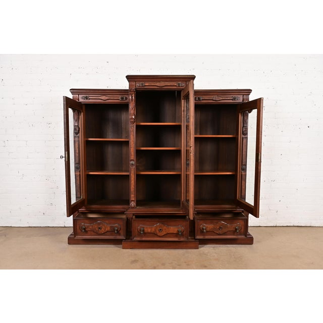Late 19th Century Herter Brothers Style Antique Eastlake Victorian Carved Walnut and Burl Wood Triple Bookcase Cabinet, Circa 1880s For Sale - Image 5 of 14