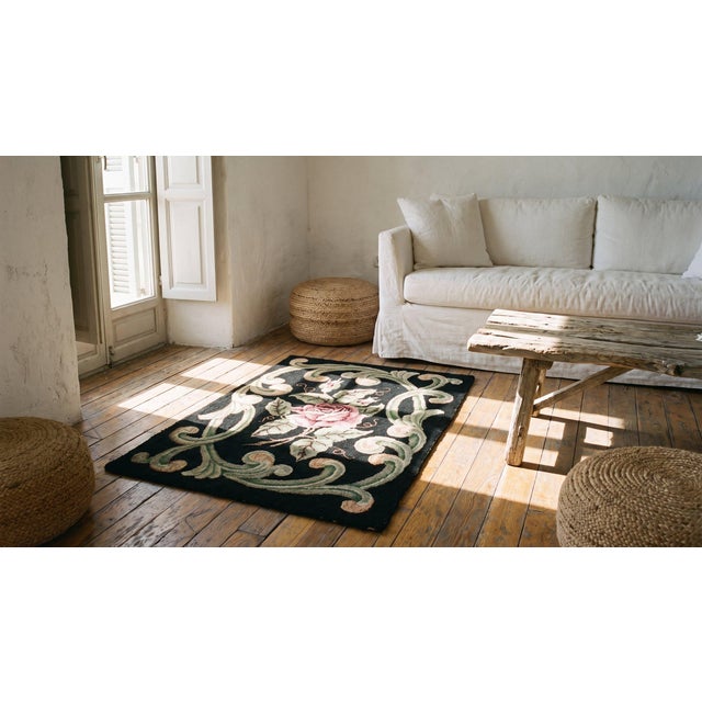 Textile 1920s Black Floral Folk Art Antique American Hooked Rug 2'2" X3'0" Handknotted Wool Carpet For Sale - Image 7 of 9