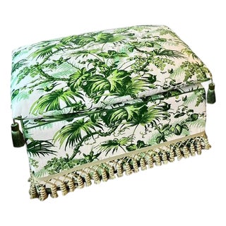 Custom Green Botanical Print Ottoman - Palm Beach For Sale