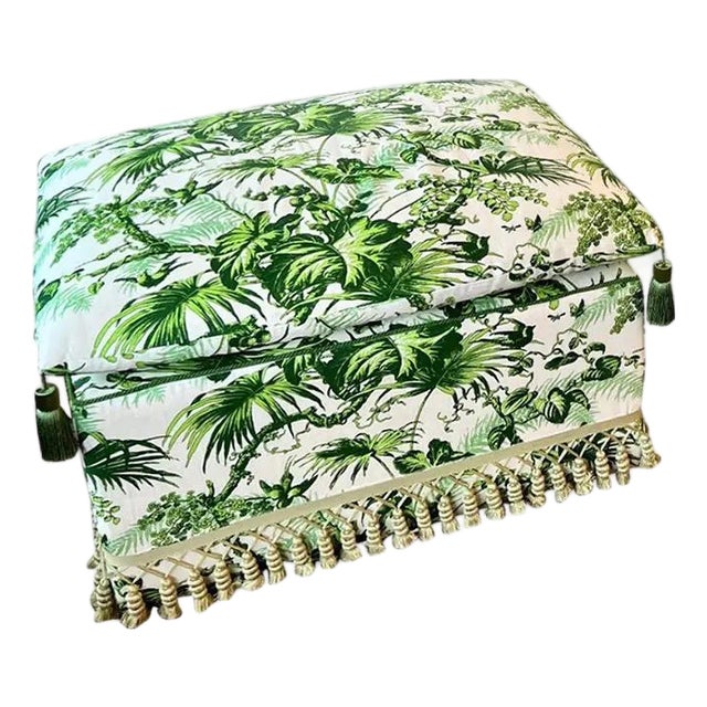 Custom Green Botanical Print Ottoman - Palm Beach For Sale