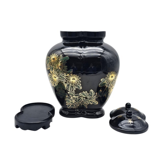 Rare Chinese Conjoined Ginger Jar With Stand 15.5" Black Gold Double Lidded For Sale - Image 13 of 15