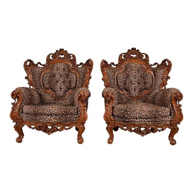 Italian Baroque Ornate Carved Walnut Throne Chairs or Lounge Chairs With Leopard Print Upholstery For Sale