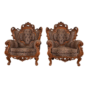 Italian Baroque Ornate Carved Walnut Throne Chairs or Lounge Chairs With Leopard Print Upholstery