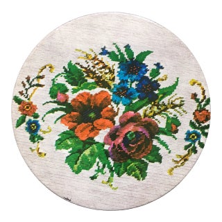 1970s Colorful Floral Faux Cross-Stitch Patterned Tin For Sale