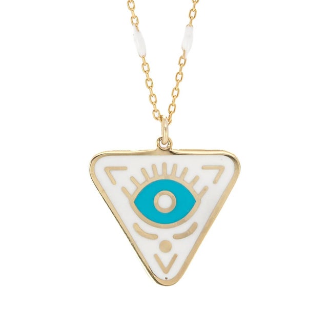 Metal Gold Plated Turquoise Evil Eye Chakra Necklace For Sale - Image 7 of 7