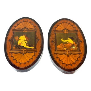 Pair 19th C. English Aesthetic Movement /Pre-Raphaelite Marquetry Muse Plaques For Sale