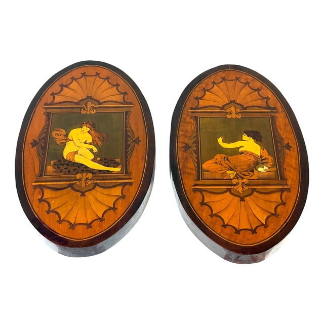 Pair 19th C. English Aesthetic Movement /Pre-Raphaelite Marquetry Muse Plaques For Sale