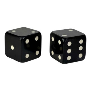 Set of 2 Large Vintage Black & White Enamel Over Wood Dice For Sale