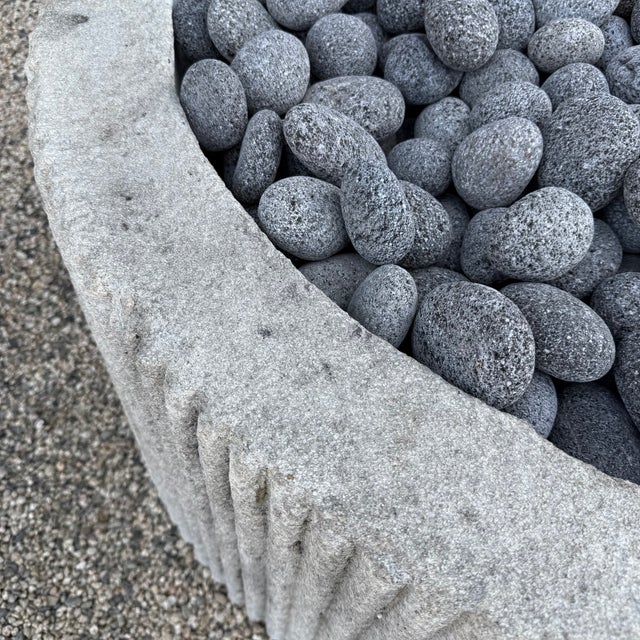 Custom Limestone Texture Fire Pit With Fluted Edges With Fire Pebbles For Sale - Image 12 of 15