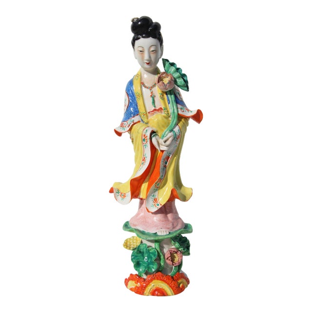 1900s Porcelain Guanyin With Lotus Flower, Marked For Sale