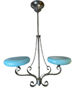 Art Deco Chandelier with Two Opaline Blue Glass Shades, 1940s