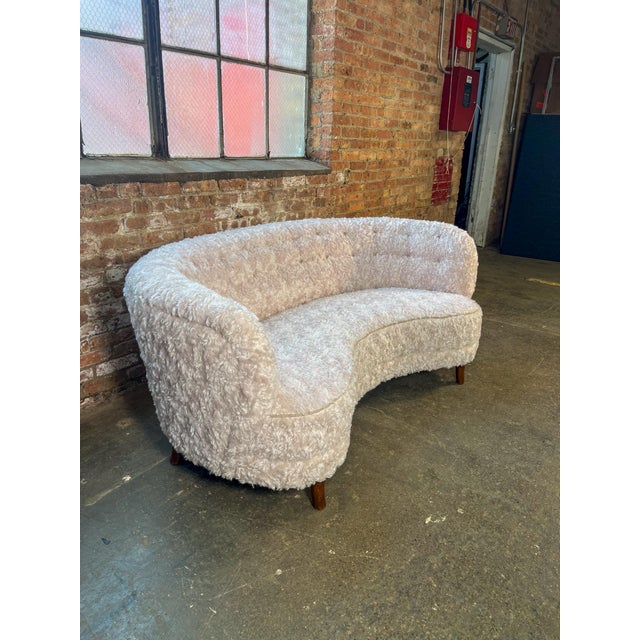Mid-Century Modern Mid 20th Century Swedish Curved Sofa in New Ivory Curly Upholstery For Sale - Image 3 of 8