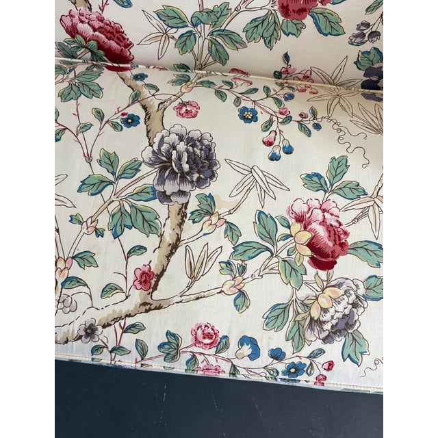 Wood Vintage Hickory Chair Chinese Chippendale Floral Upholsterered Camelback Sofas in Lee Jofa Fabric - A Pair For Sale - Image 7 of 12