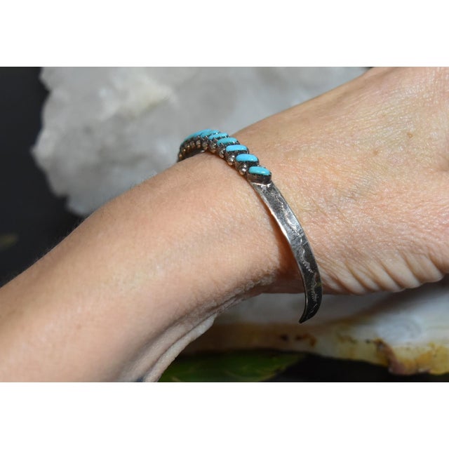 Vintage 1970's Zuni Turquoise Petit Point Sterling Silver Cuff Bracelet For Sale - Image 15 of 18